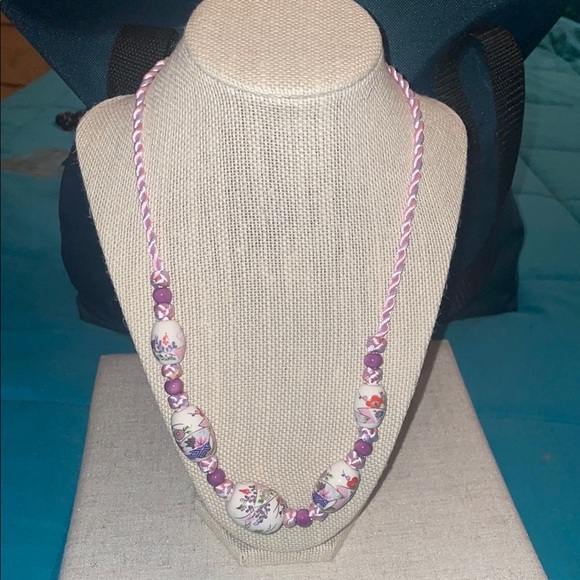 Purple and White Beaded Necklace with Crystal Accents - Picture 1 of 4